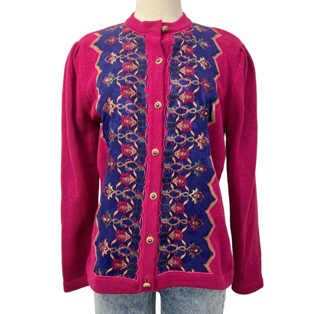 Umi Collection Anne Crimmins Vintage Cardigan Sweater Silky Panel Berry Pink L